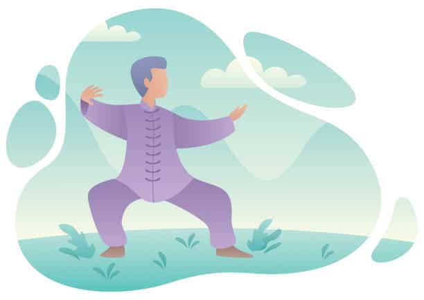 Flat design illustration of a man practicing qigong or tai chi.